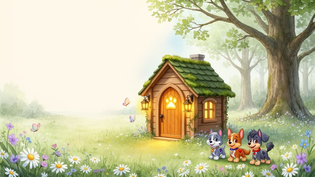 Riley, Sabino, and Buddy outside the magical doghouse in a flower meadow