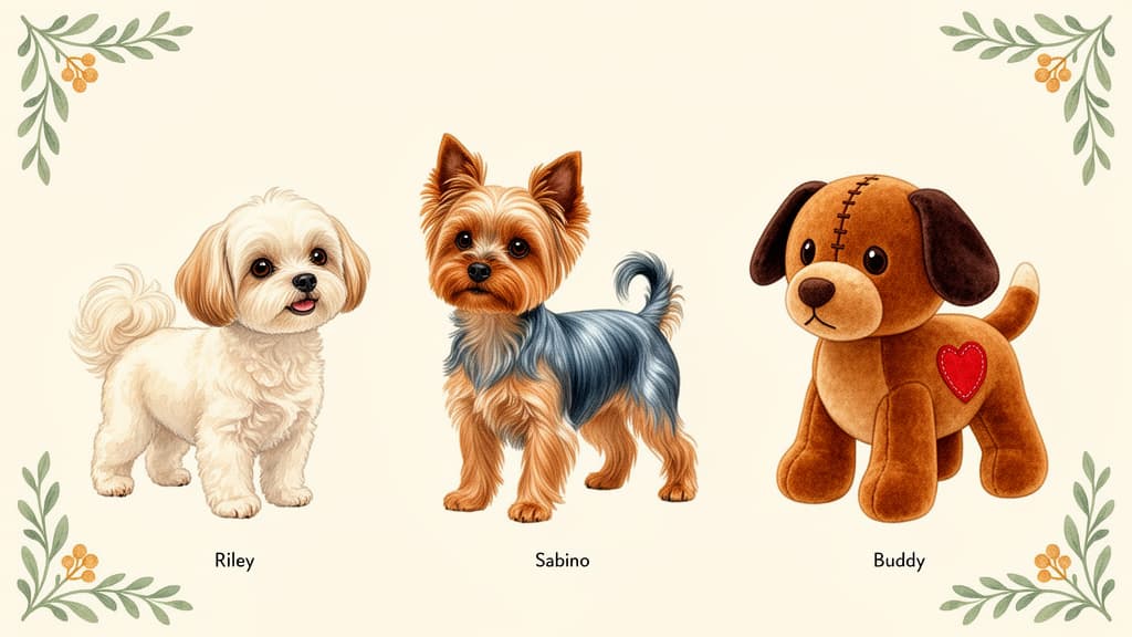Riley the cream Maltipoo, Sabino the Yorkshire Terrier, and Buddy the plush puppy together